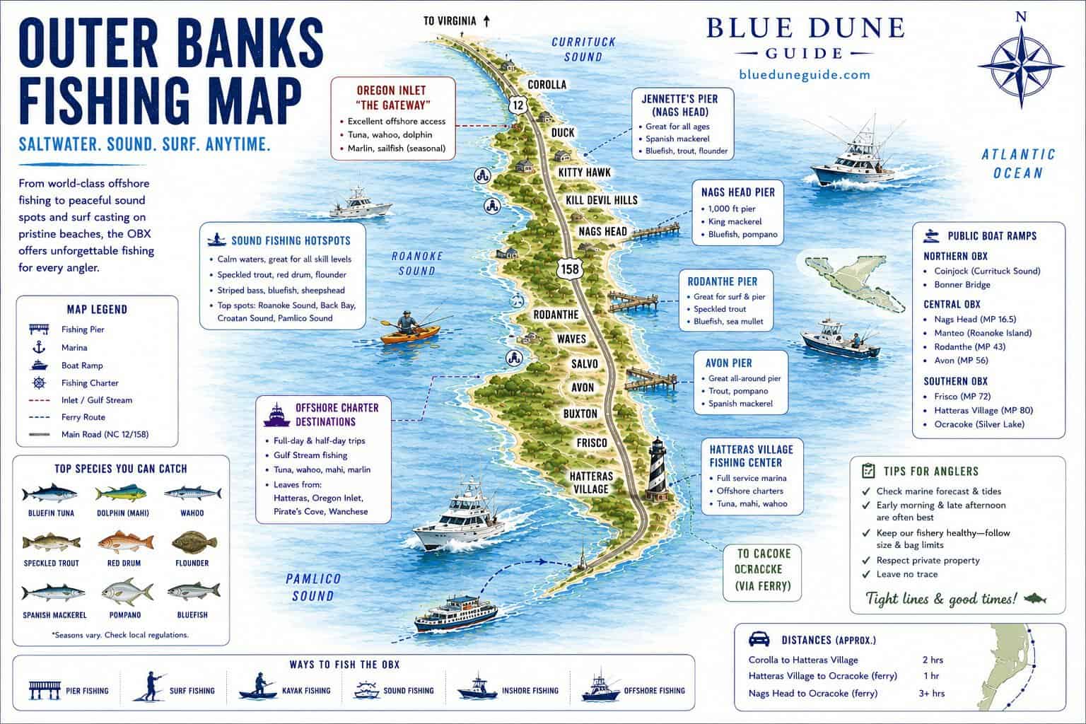 Map of Outer Banks fishing areas including Corolla, Nags Head, Oregon Inlet, Cape Hatteras, and Ocracoke