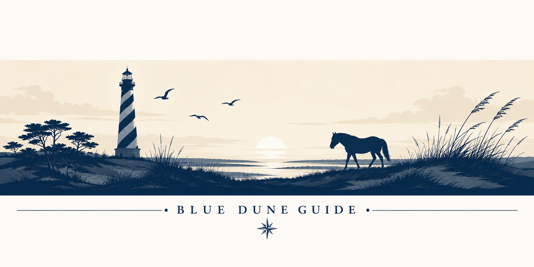 Blue Dune Guide illustrated coastal divider Outer Banks lighthouse and wild horse silhouette