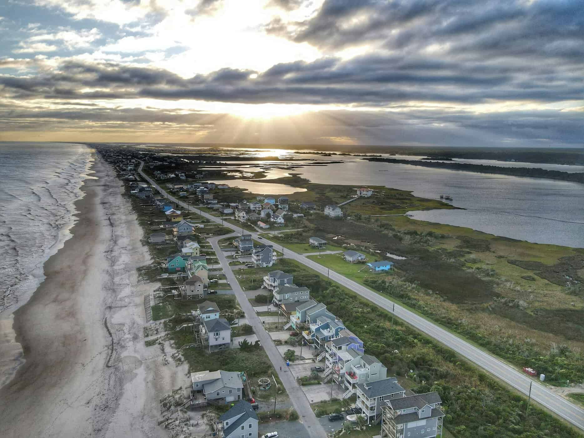 Aerial view of Nags Head NC showing Beach Road between ocean and sound