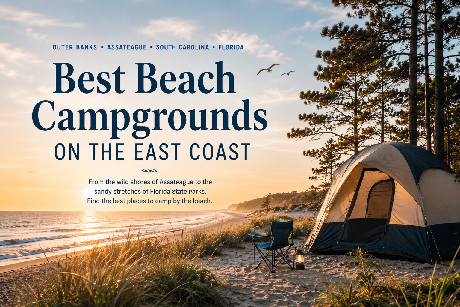 Best East Coast beach campgrounds tent near dunes and ocean at sunset