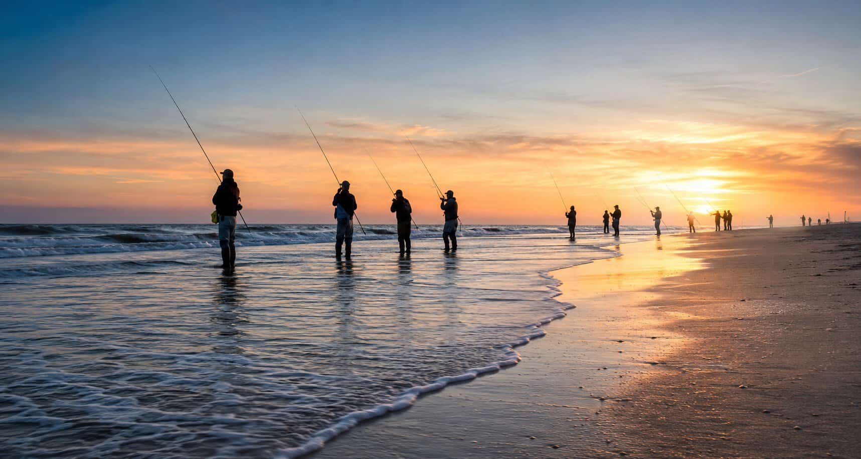 Surf fishing at sunrise on the Outer Banks North Carolina barrier island beach