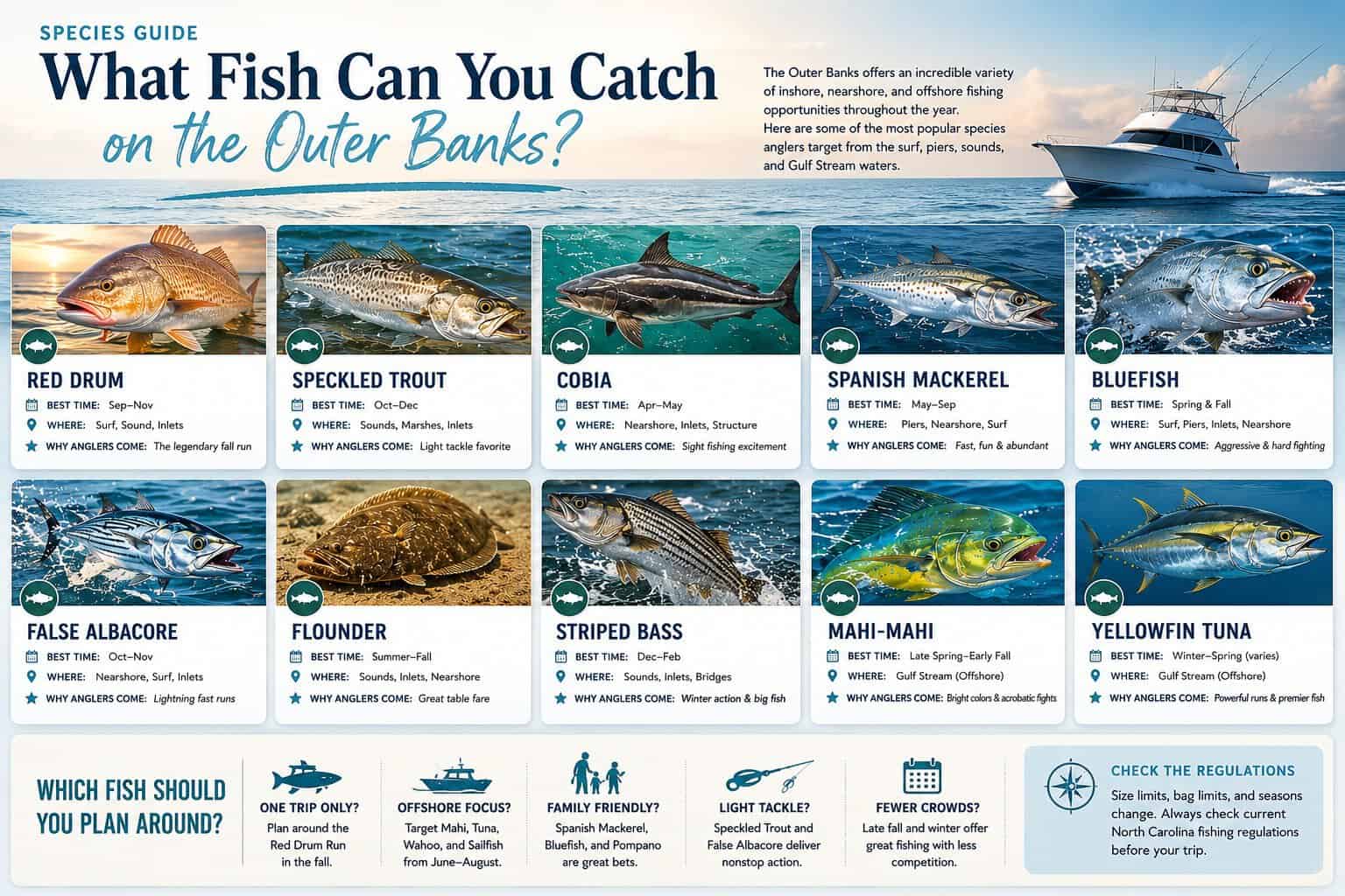 Outer Banks fish species guide featuring red drum, speckled trout, cobia, Spanish mackerel, bluefish, false albacore, flounder, striped bass, mahi-mahi, and yellowfin tuna