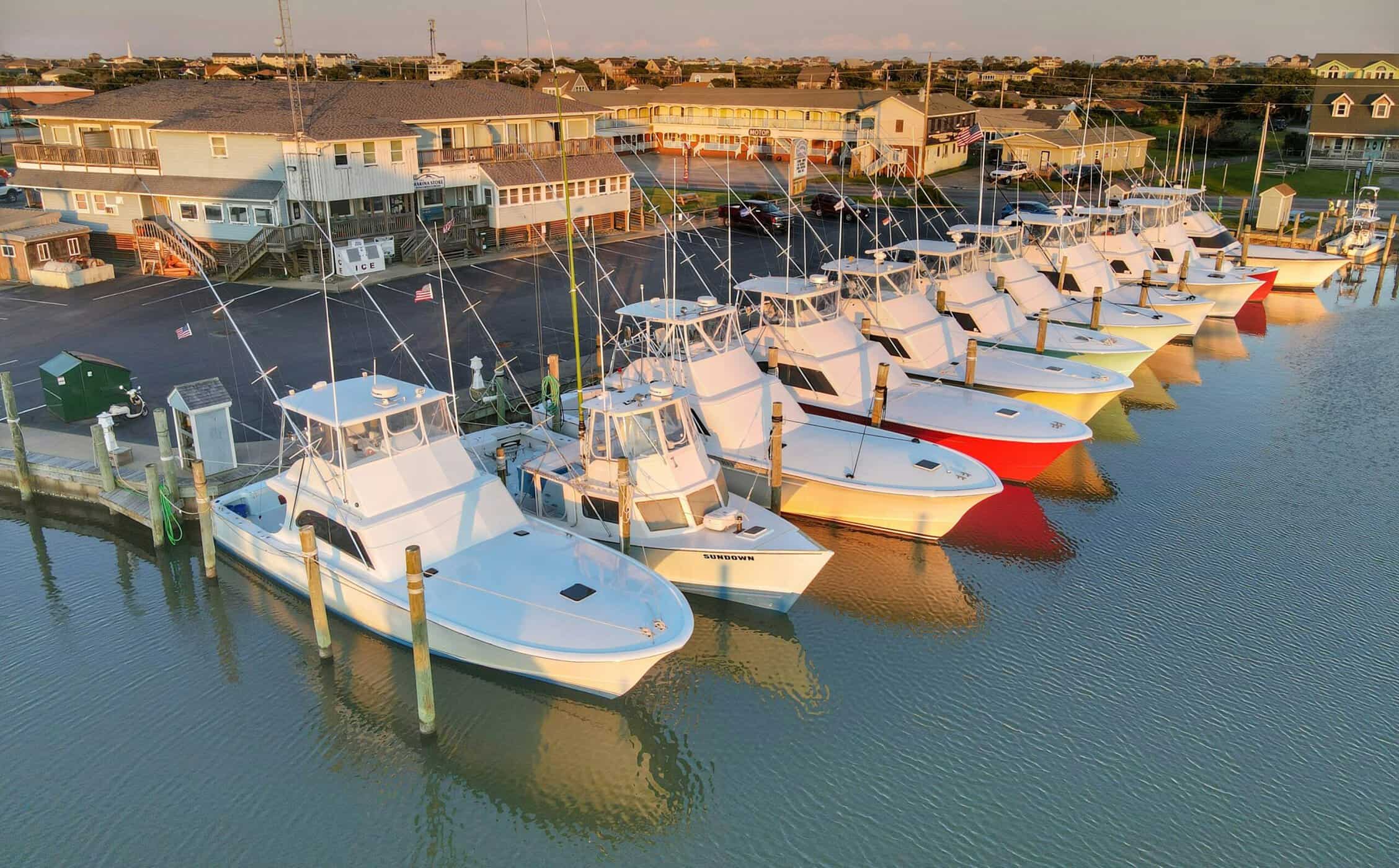 Charter boats docked at a marina on Hatteras Island