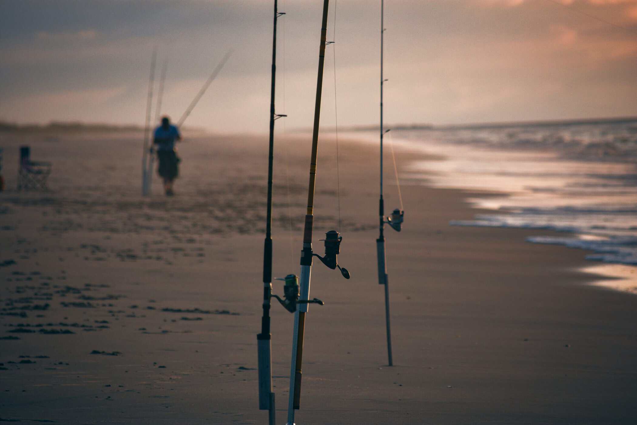 Surf fishing rods in sand spikes on an Outer Banks beach