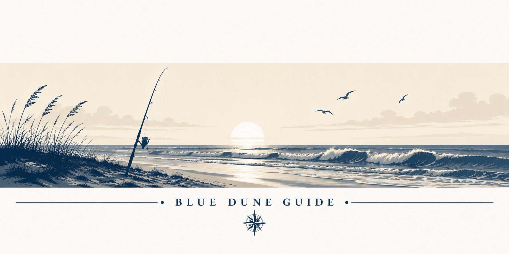 Illustrated surf fishing scene with rod planted in the sand at sunrise on the Outer Banks