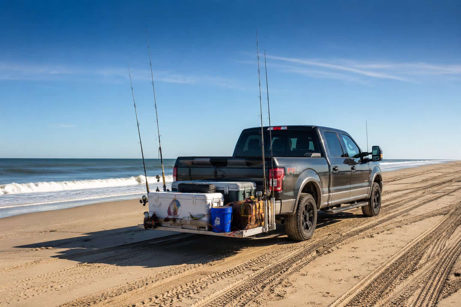 Beach fishing truck with surf rods driving on the sand at Cape Hatteras National Seashore